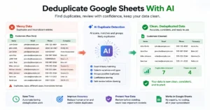 Messy Google Sheets data being checked for duplicate records with AI