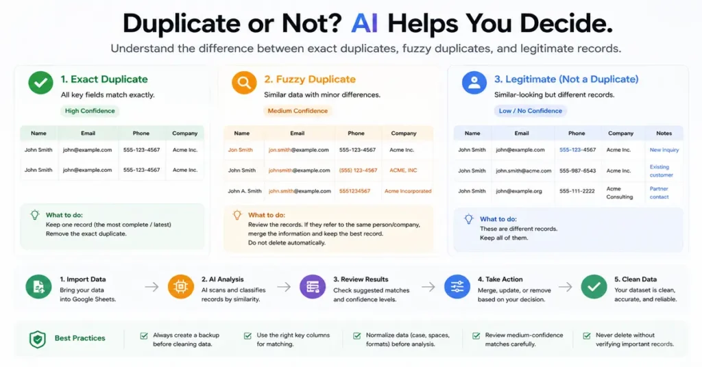 Google Sheets workflow showing exact duplicates, fuzzy matches, and legitimate records