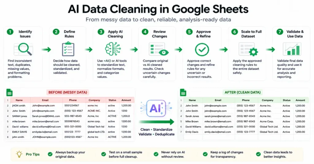 Before and after Google Sheets data cleaning workflow using AI